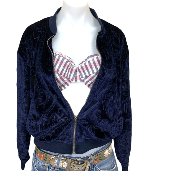 Anthropologie Y2K Blue Velvet Bomber Jacket Textured Fleur de les Soft Medium